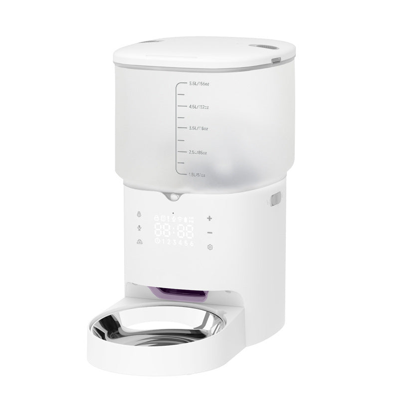 Intelligent automatic pet feeder with timer and button control.
