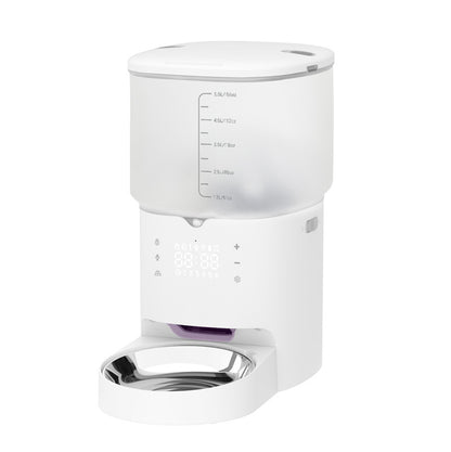 Intelligent automatic pet feeder with timer and button control.