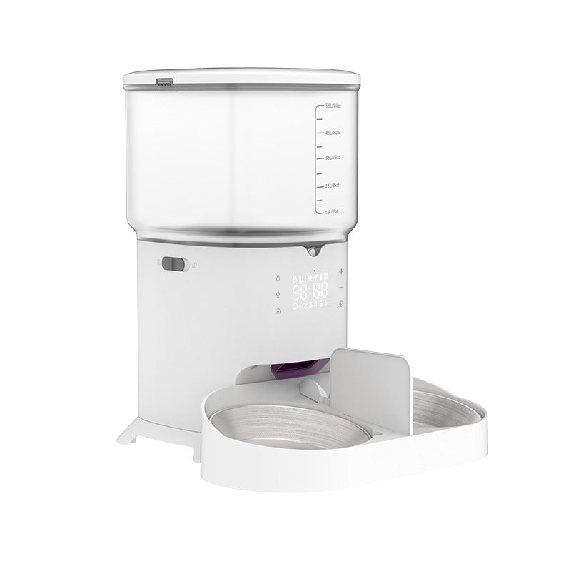 Intelligent automatic pet feeder with timer and button control.