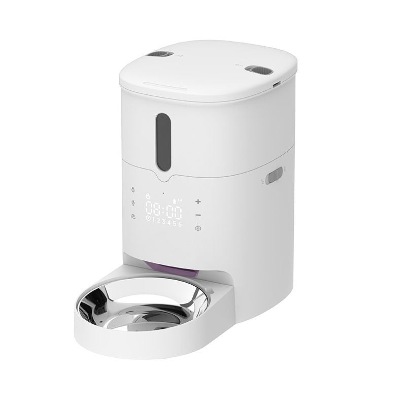 Intelligent automatic pet feeder with timer and button control.