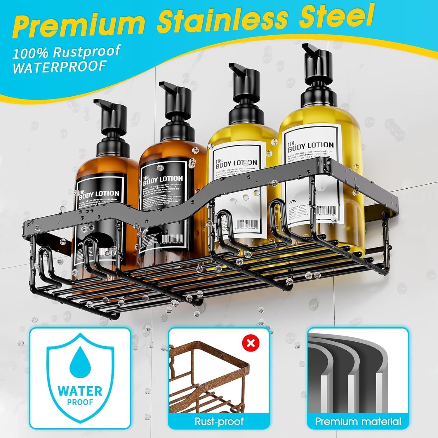 Iron Bathroom Storage Rack with No-Drill Mounting
