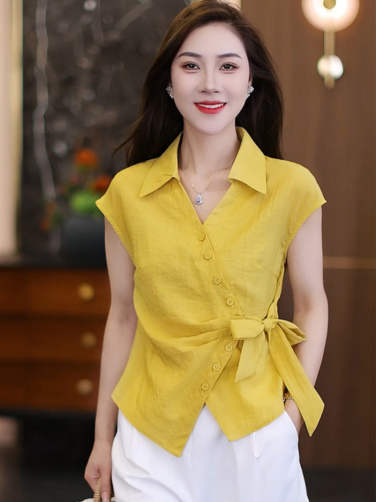 Irregular Button - Detailed Tie - Waist Short - Sleeve Shirt and High - Waisted Wide