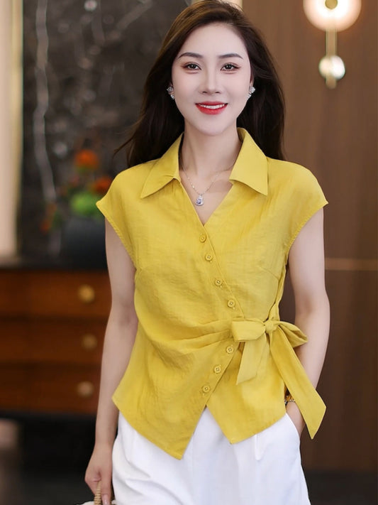 Irregular Button - Detailed Tie - Waist Short - Sleeve Shirt and High - Waisted Wide