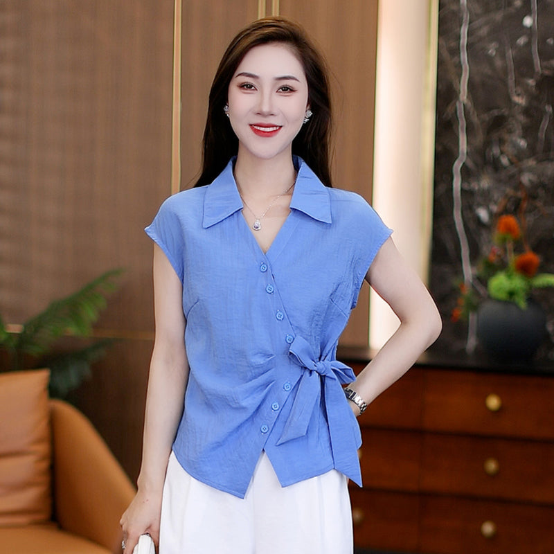 Irregular Button - Detailed Tie - Waist Short - Sleeve Shirt and High - Waisted Wide