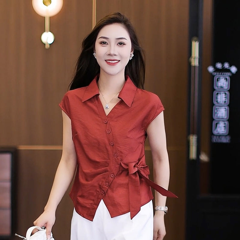 Irregular Button - Detailed Tie - Waist Short - Sleeve Shirt and High - Waisted Wide