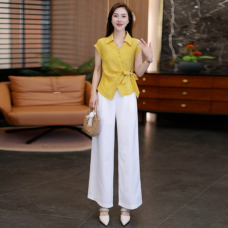 Irregular Button - Detailed Tie - Waist Short - Sleeve Shirt and High - Waisted Wide