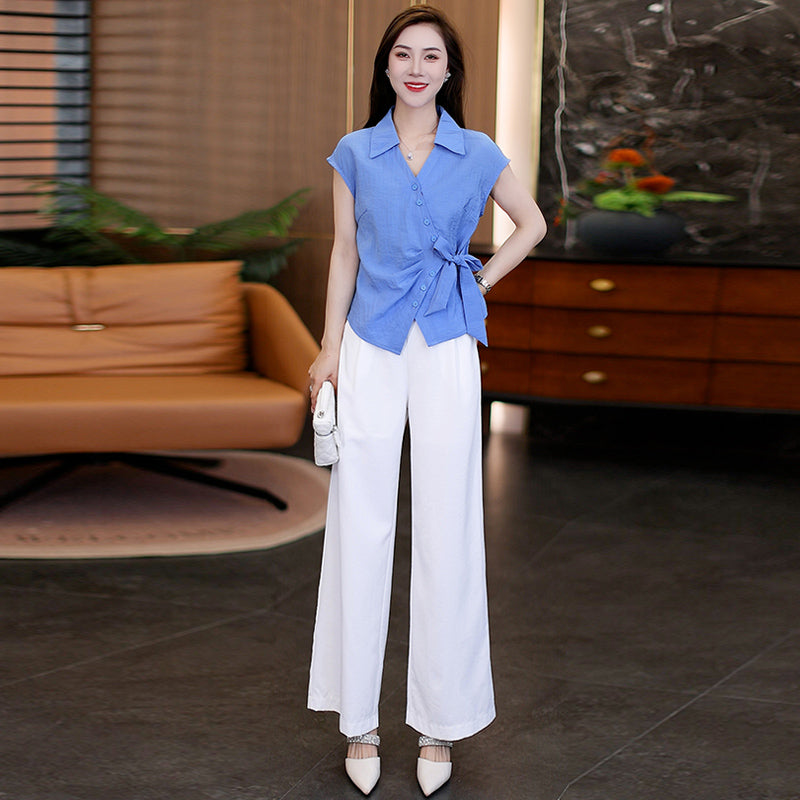 Irregular Button - Detailed Tie - Waist Short - Sleeve Shirt and High - Waisted Wide