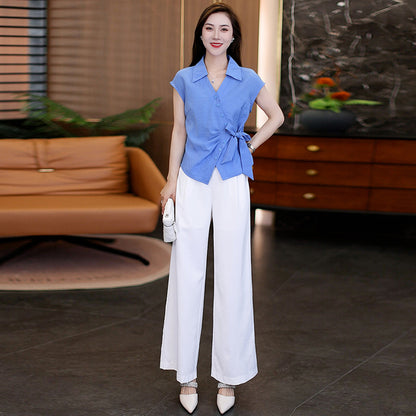Irregular Button - Detailed Tie - Waist Short - Sleeve Shirt and High - Waisted Wide
