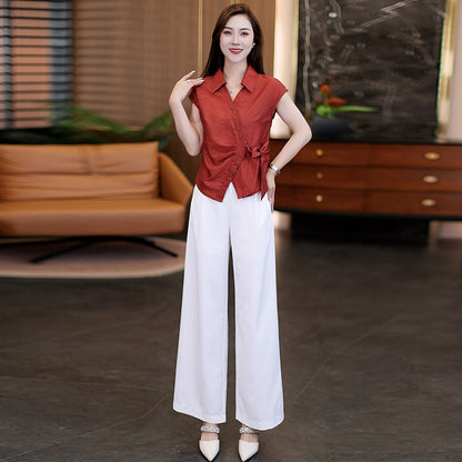 Irregular Button - Detailed Tie - Waist Short - Sleeve Shirt and High - Waisted Wide