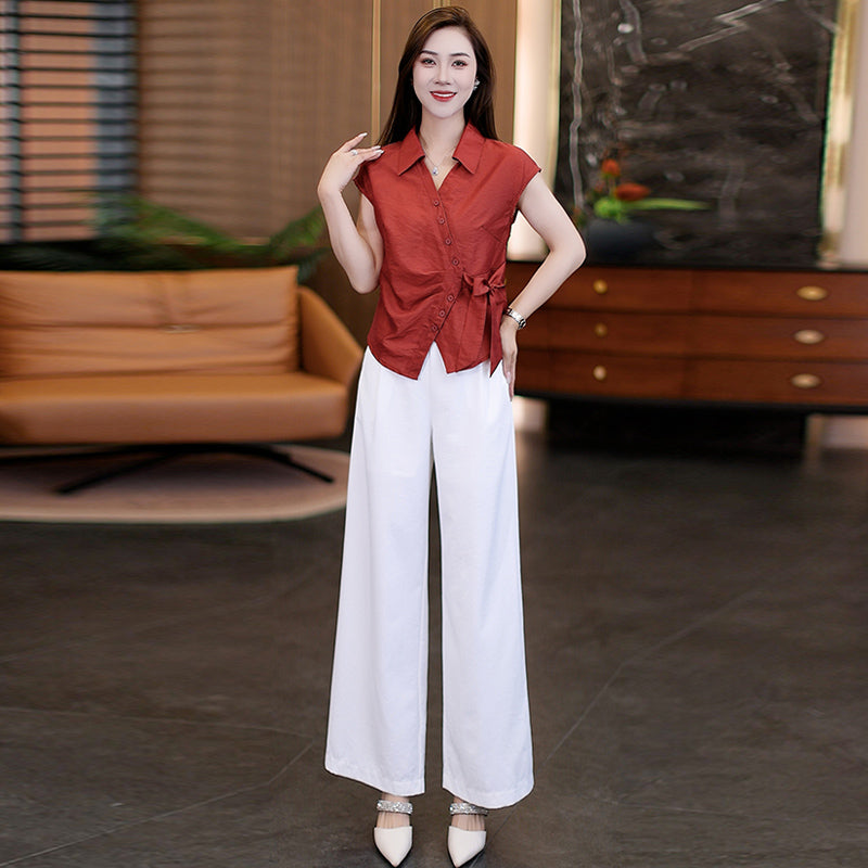 Irregular Button - Detailed Tie - Waist Short - Sleeve Shirt and High - Waisted Wide