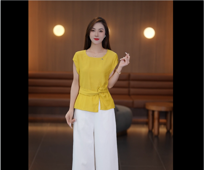 Irregular Button - Detailed Tie - Waist Short - Sleeve Shirt and High - Waisted Wide