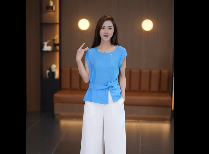 Irregular Button - Detailed Tie - Waist Short - Sleeve Shirt and High - Waisted Wide