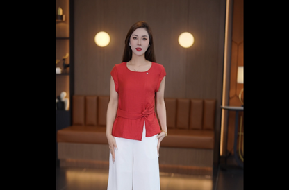 Irregular Button - Detailed Tie - Waist Short - Sleeve Shirt and High - Waisted Wide