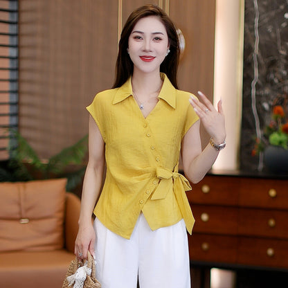 Irregular Button - Detailed Tie - Waist Short - Sleeve Shirt and High - Waisted Wide