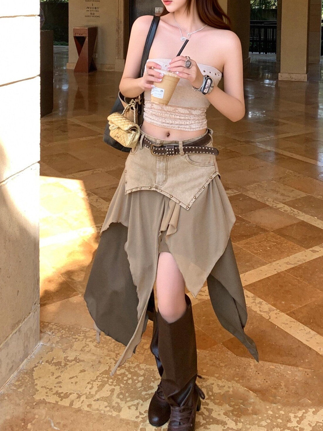 Irregular Denim Chiffon Patchwork Skirt