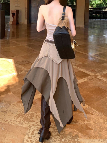 Irregular Denim Chiffon Patchwork Skirt