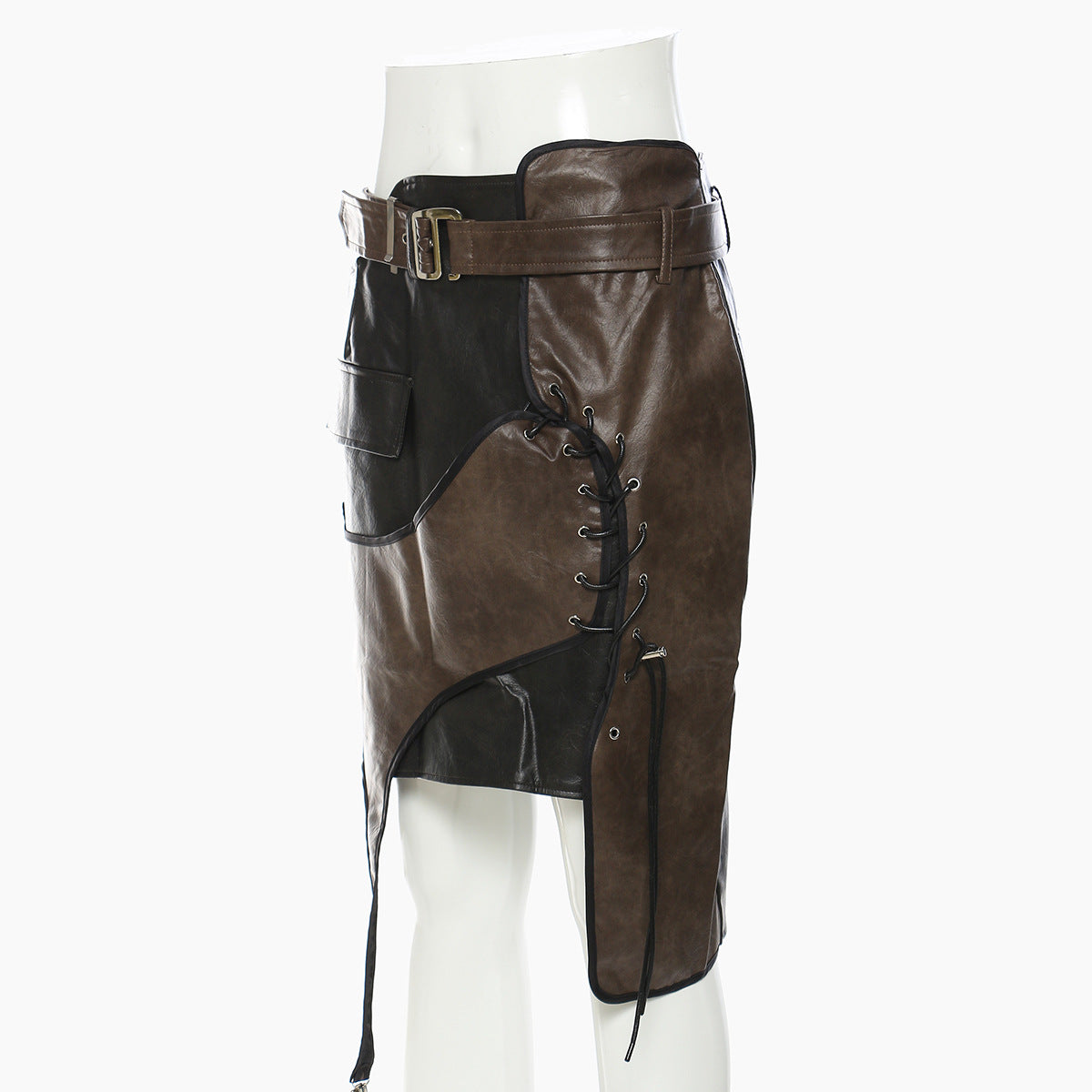 Irregularly patterned leather skirt