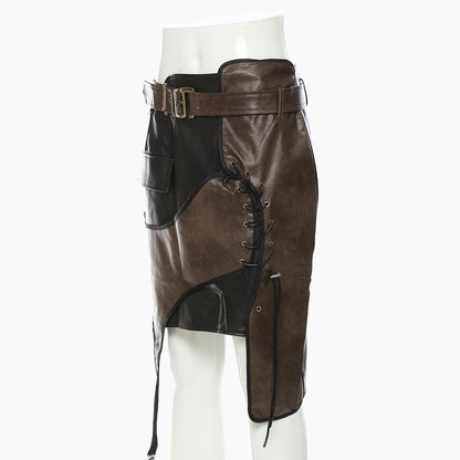 Irregularly patterned leather skirt
