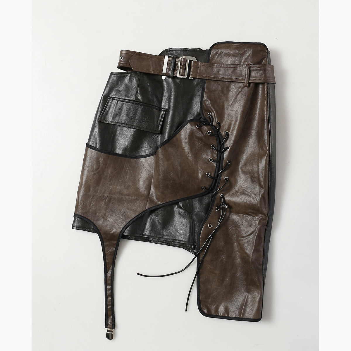 Irregularly patterned leather skirt