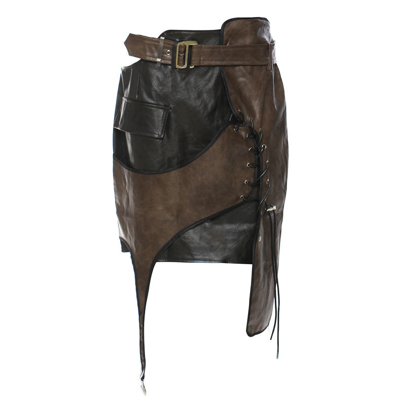 Irregularly patterned leather skirt