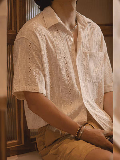 Italian Hollow Jacquard Knitted Shirt Men's Textured Loose Short-Sleeved Shirt