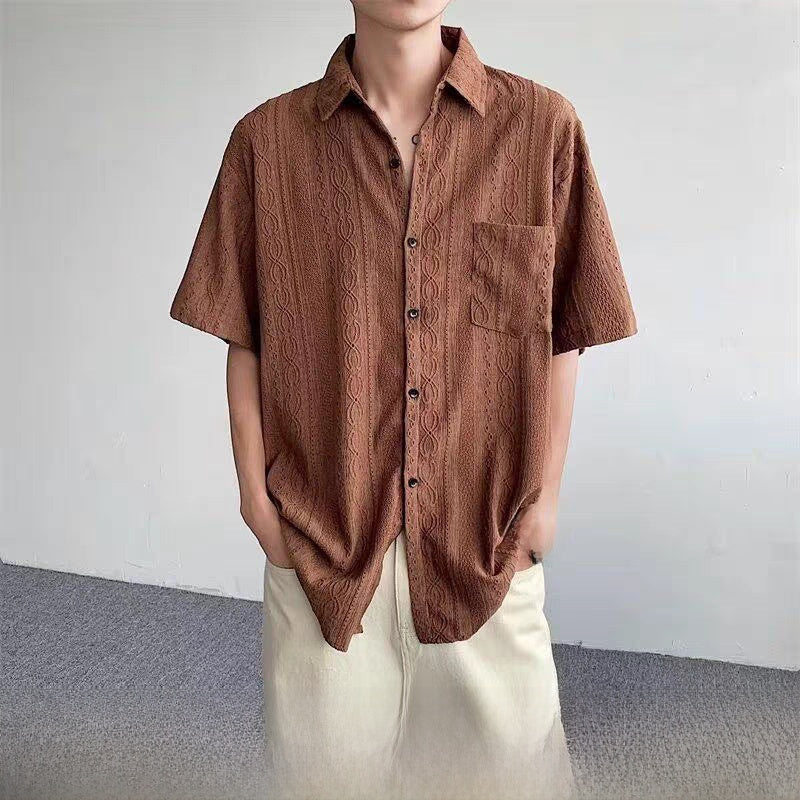 Italian Hollow Jacquard Knitted Shirt Men's Textured Loose Short-Sleeved Shirt