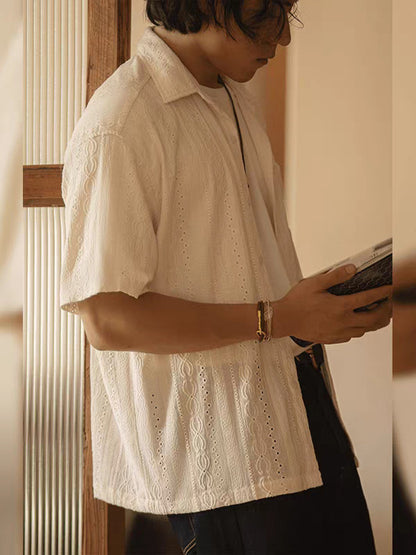 Italian Hollow Jacquard Knitted Shirt Men's Textured Loose Short-Sleeved Shirt
