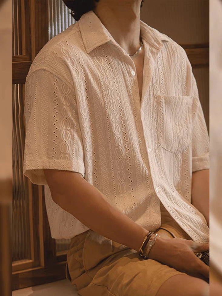 Italian Hollow Jacquard Knitted Shirt Men's Textured Loose Short-Sleeved Shirt