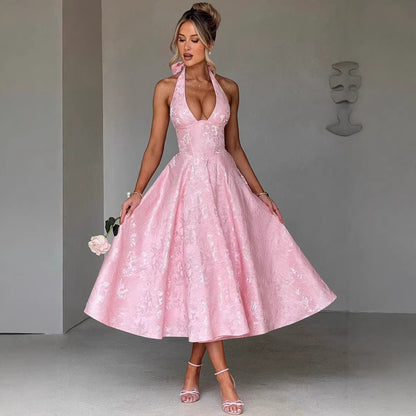 Jacquard Halter Neck Evening Gown