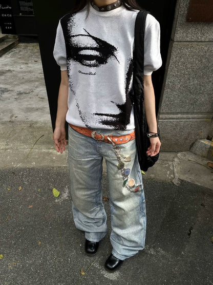 Jacquard Knit Sweater Short Sleeve T-Shirt