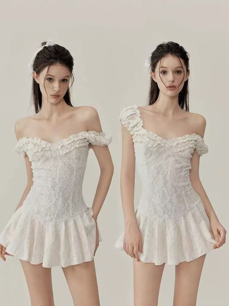 Jacquard Lace Off-Shoulder A-Line Mini Dress