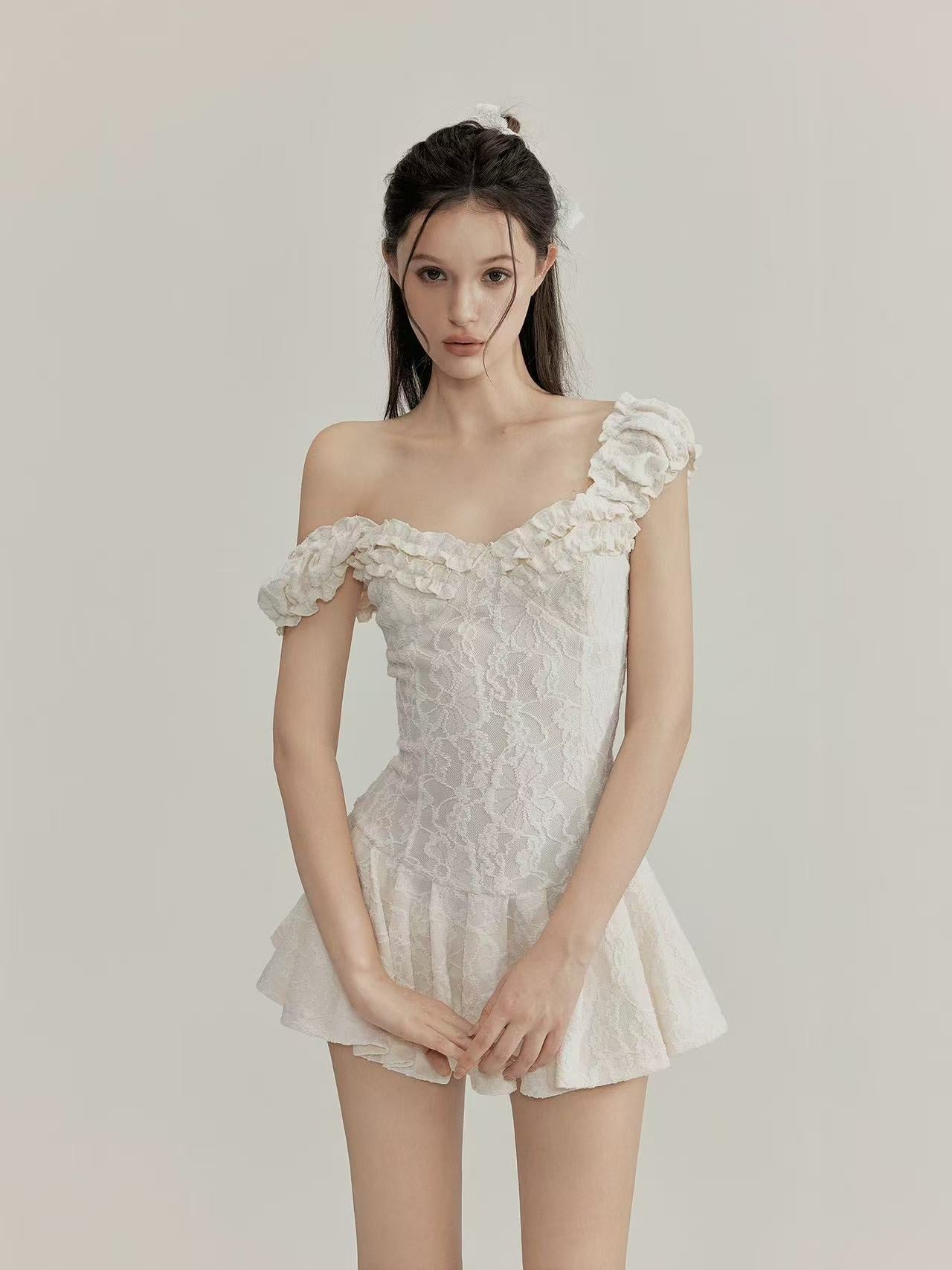 Jacquard Lace Off-Shoulder A-Line Mini Dress