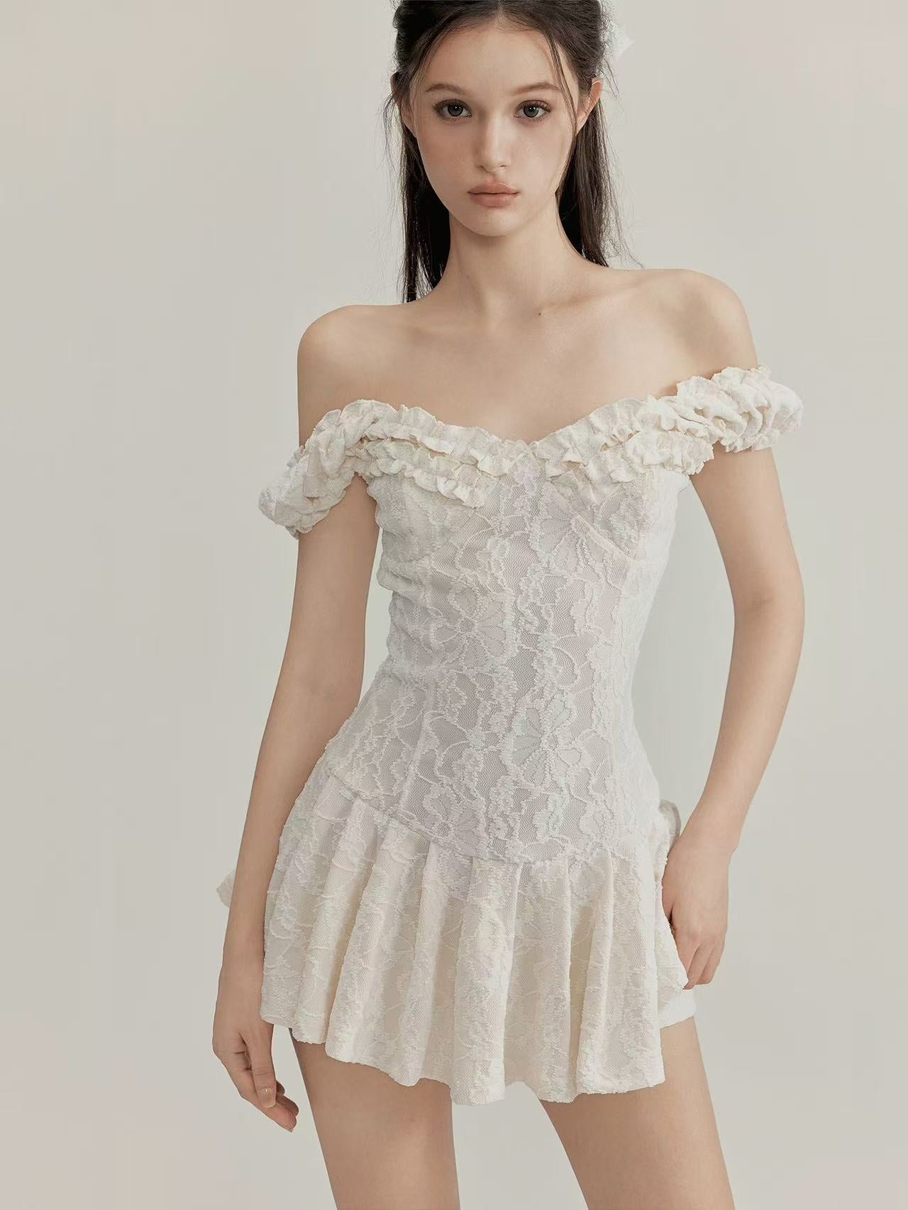Jacquard Lace Off-Shoulder A-Line Mini Dress