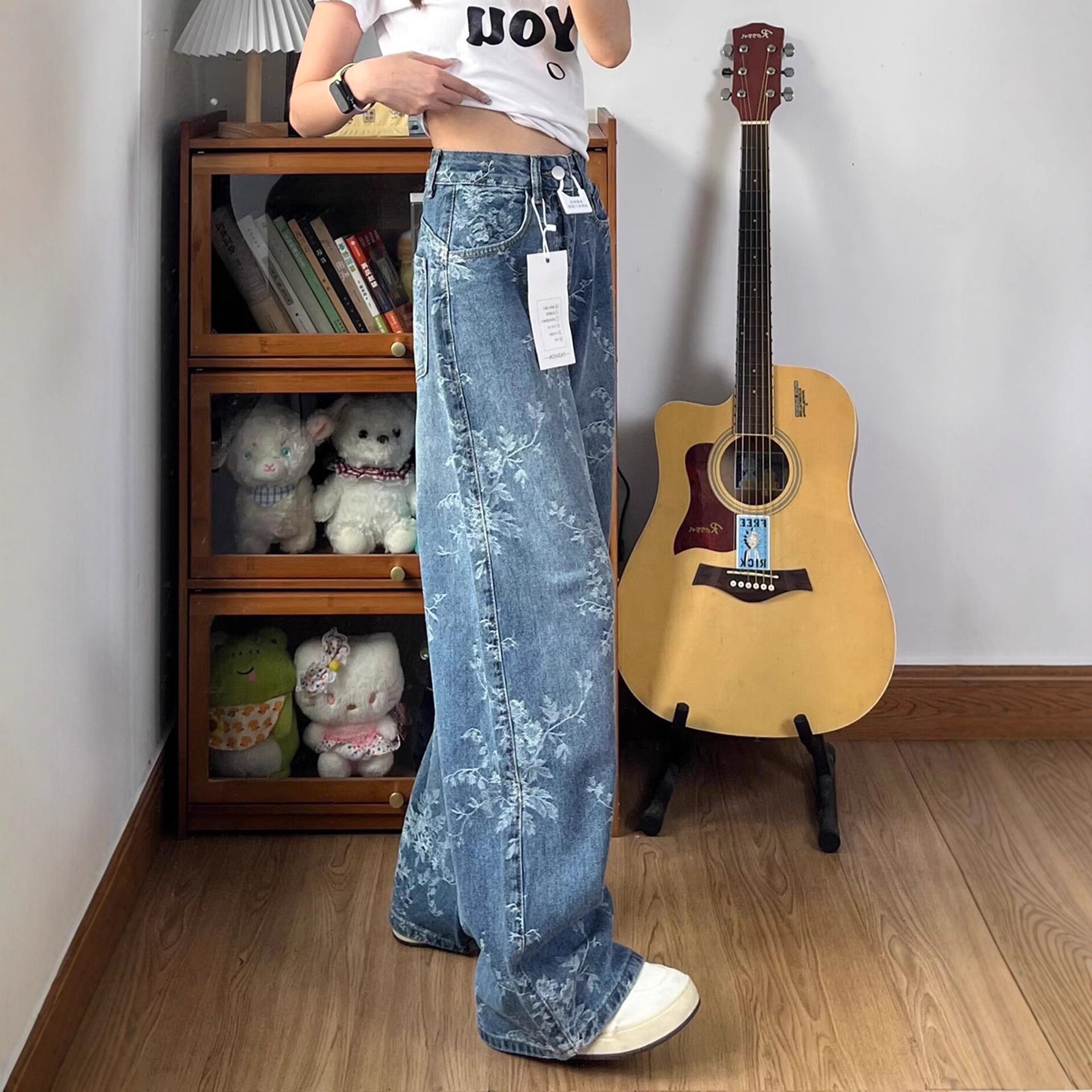 Jacquard Wide-Leg Denim Pants for Women