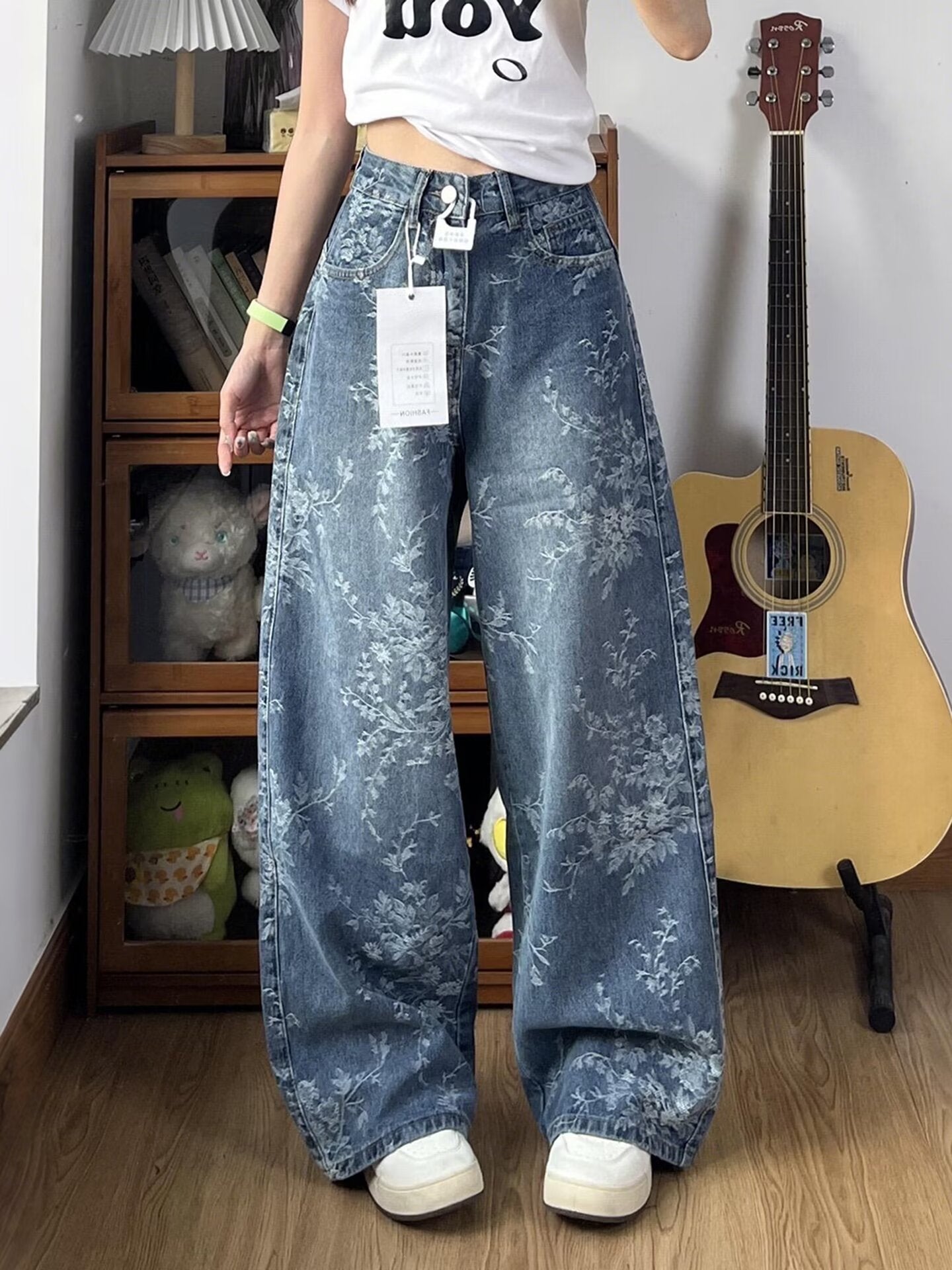 Jacquard Wide-Leg Denim Pants for Women