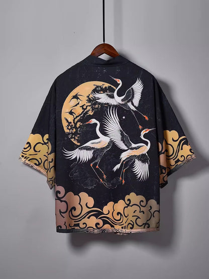 Japanese Kimono Cardigan with Crane Print