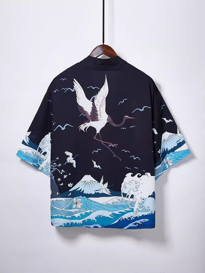 Japanese Kimono Cardigan with Crane Print
