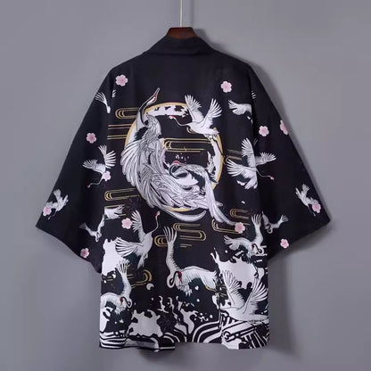 Japanese Kimono Cardigan with Crane Print