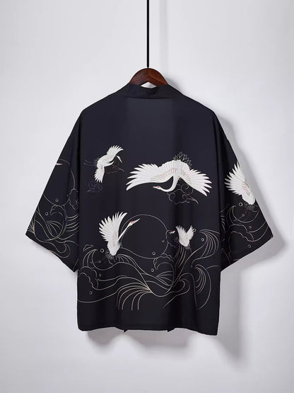 Japanese Kimono Cardigan with Crane Print