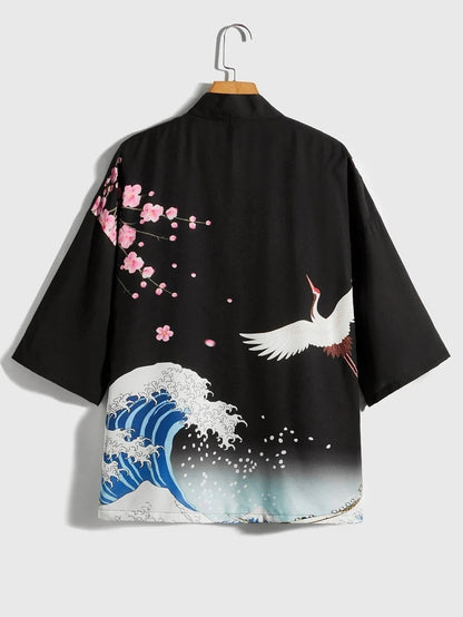 Japanese Kimono Cardigan with Crane Print