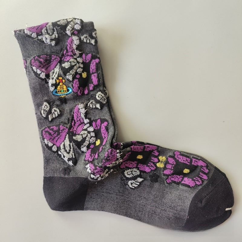 Japanese Style Cotton Mid-Calf Socks with Embroidery