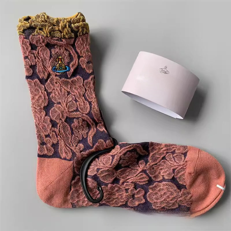 Japanese Style Cotton Mid-Calf Socks with Embroidery