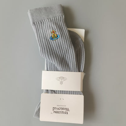 Japanese Style Cotton Mid-Calf Socks with Embroidery