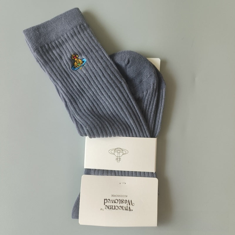 Japanese Style Cotton Mid-Calf Socks with Embroidery