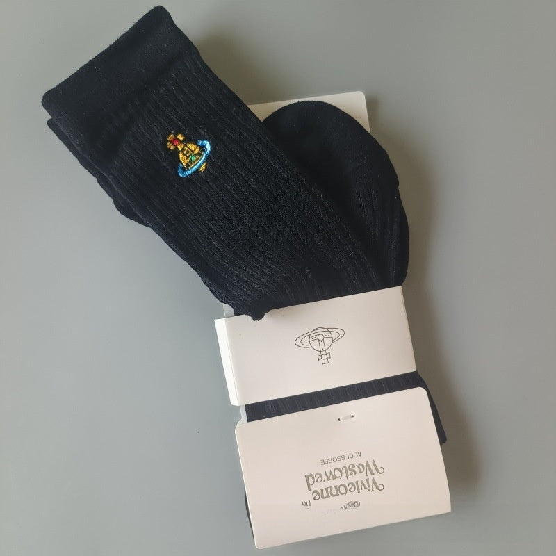 Japanese Style Cotton Mid-Calf Socks with Embroidery
