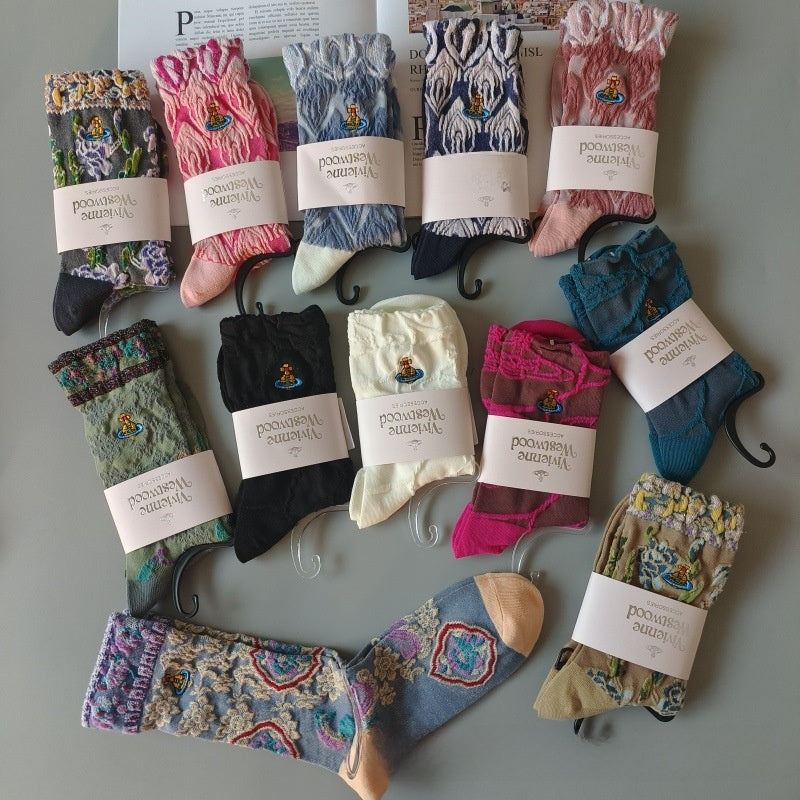 Japanese Style Cotton Mid-Calf Socks with Embroidery