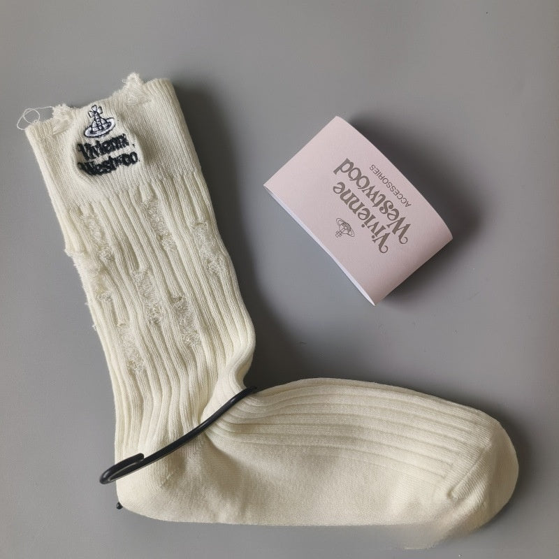 Japanese Style Cotton Mid-Calf Socks with Embroidery