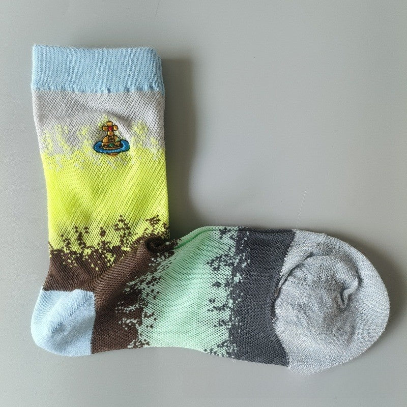 Japanese Style Cotton Mid-Calf Socks with Embroidery