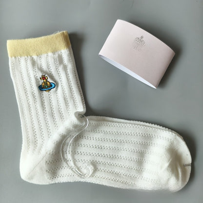 Japanese Style Cotton Mid-Calf Socks with Embroidery