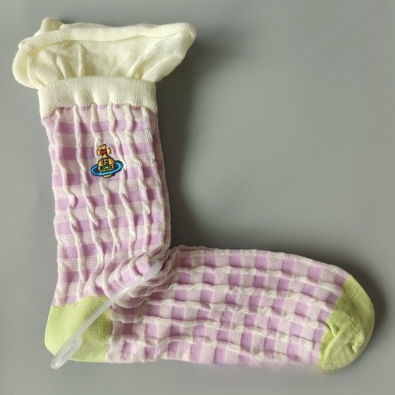 Japanese Style Cotton Mid-Calf Socks with Embroidery